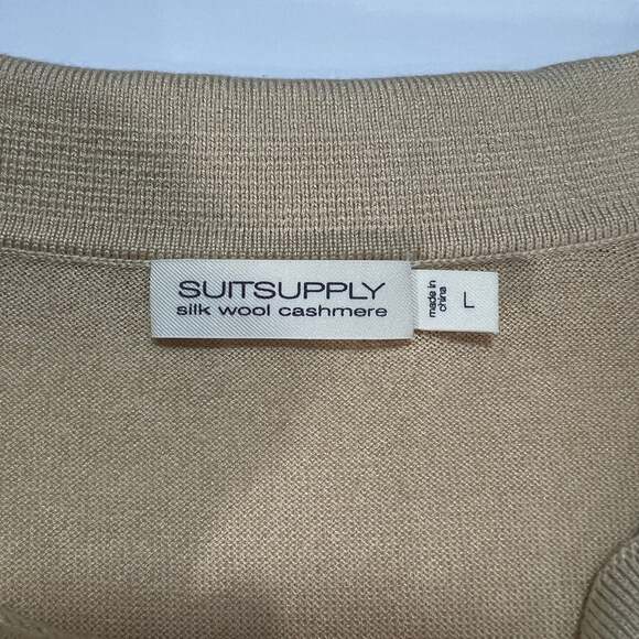 SUITSUPPLY Silk Wool Cashmere Short Sleeve Johnny Collar Polo Tan Large - Picture 2 of 7